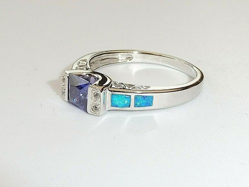Ladies 925 Solid Silver Princess Cut Tanzanite Solitaire With Opal Accents Ring - Picture 6 of 8