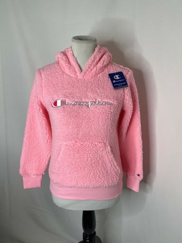 Girl's Medium Teddy Sherpa Hoodie Champion Pink Big Logo Pullover - Picture 2 of 7