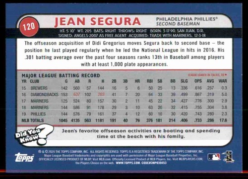 2020 Topps Big Legue Jean Segura #120 - Picture 2 of 2