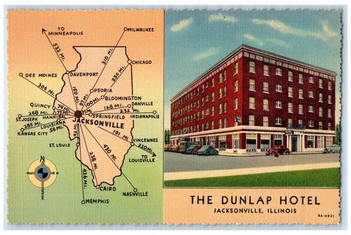 c1950's Dunlap Hotel & Restaurant Building Cars Jacksonville Illinois Postcard - Picture 1 of 2