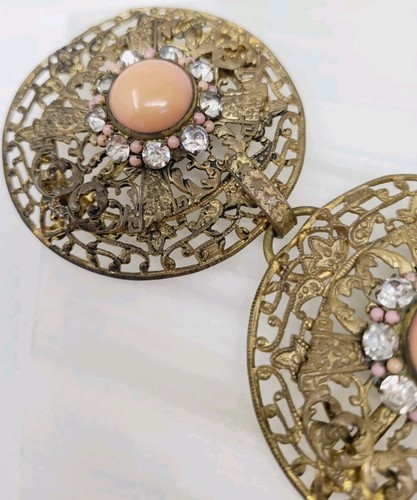 VICTORIAN ANTIQUE CZECH GLASS BRASS FILIGREE BELT BUCKLE - Picture 4 of 7