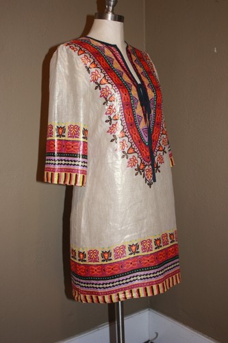 NANETTE LEPORE ETHNIC PRINT ON CREAM METALLIC GOLD LINEN SHIFT TUNIC DRESS - 6 M - Picture 2 of 6