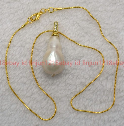 Elegant Pretty Gold Chain & White Baroque Keshi Pearl Pendant Necklace 18" - Picture 4 of 12
