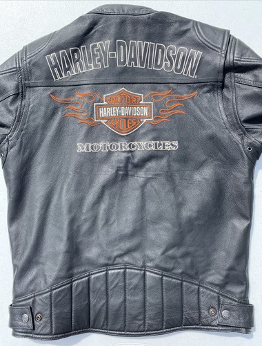 Harley Davidson Men’s RIDE READY Black Leather Jacket Medium 98000-10VM Flames - Picture 10 of 12