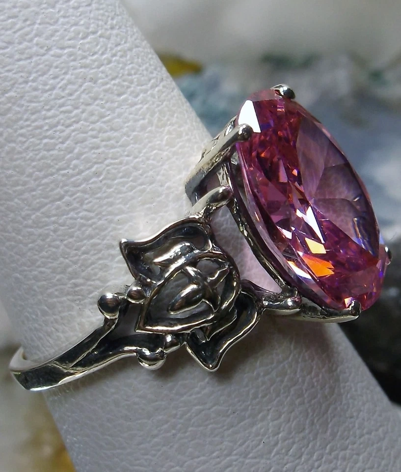 Anillo de circonita rosa, gema ovalada de 5 quilates, filigrana de plata esterlina con cruz de ángel D112 Foto 4 de 4