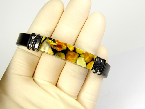 Baltic Amber Mosaic and Leather Cuff Bracelet 8.5" Men Women Unisex Natural 1200 - Picture 6 of 11