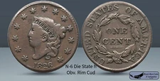 1826 N-6, Obv Rim Cud, Die State h, Matron Head Large Cent, Very Fine, C8162