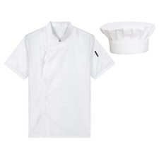 Unisex Chef Jacket Short Sleeve Lightweight Uniform Chef Coat with Hat Kitchen