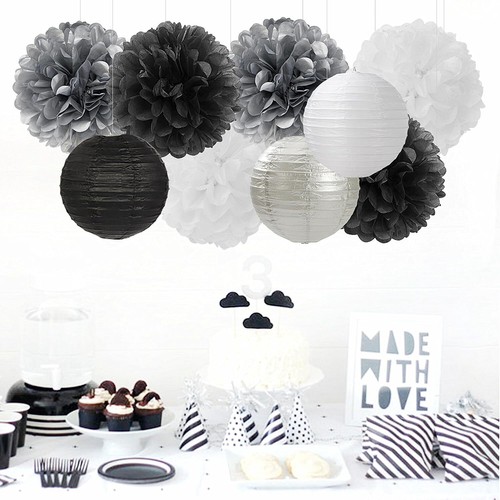Black White Silver Party-Decorations Paper Flowers Lanterns - 15PCS Birthday ... - Picture 2 of 7