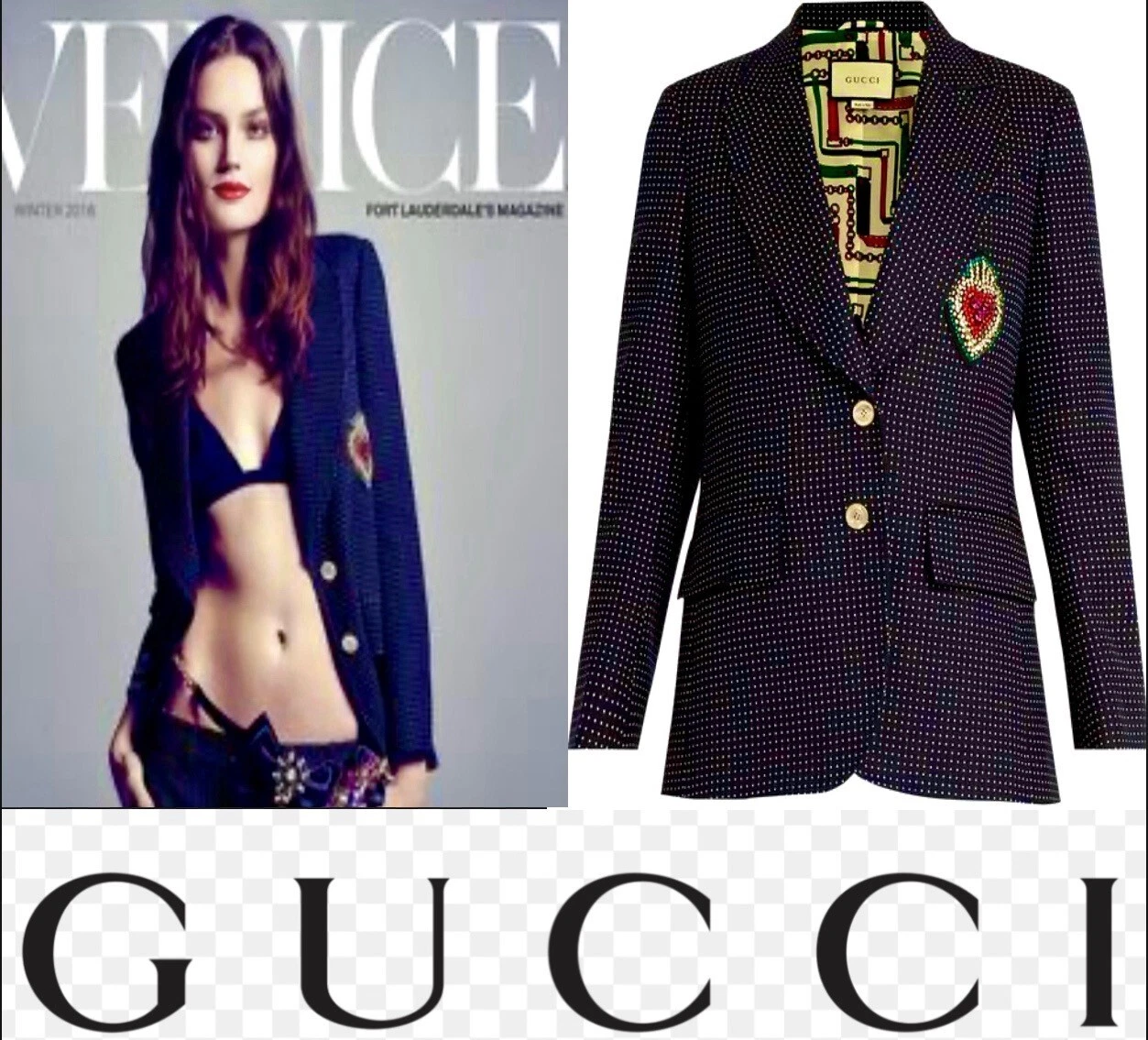Veste patch coeur cristal tweed noir 4K neuve Gucci 2017 38 40 42 2 4 6 manteau S M