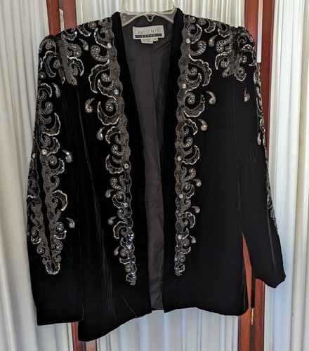 Stunning Women's M Beaded Sequined Velvet Open Front Duster Cardigan Blazer - Picture 3 of 12