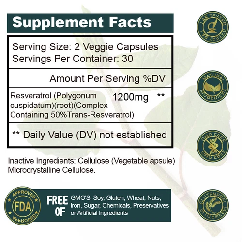 Resveratrol Fuerza Máxima 1200MG Anti-Envejecimiento Antioxidante No-OGM 120 Cápsulas - Imagen 7 de 8