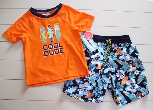 Floatimini 2 Pc Cool Dude Rash Guard Shirt & Surf Tropical Swim Shorts Sz 4