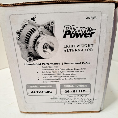 PLANE POWER Alternator AL12-F60C 12 Volt Lightweight UNTESTED See Description - Picture 9 of 14