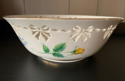 Lenox China Serving Bowl Reticulated Edge Yellow Rose Design 24 kt Gold Trim