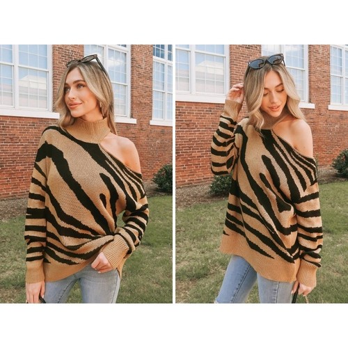 Nuevo Suéter Tejido Cupshe Un Hombro Tigre Rayas Mujer M Marrón Negro Animal - Imagen 9 de 9