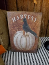 VINTAGE OLD FOLK ART PRIMITIVE STYLE HALLOWEEN HARVEST CROW PUMPKIN WOOD SIGN