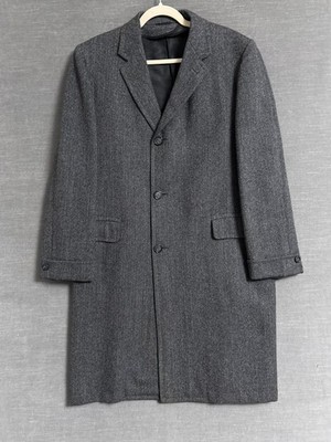 Vintage Sheldon Hecht Overcoat 44L Gray Wool Herringbone Granitone Cheviot Dress