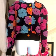 Floral Jacket Bomber Puff Sleeve Coat 3D Flowers Runway Fashion Pink Black Large