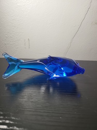 Fermacarte delfino in vetro artistico usato blu bianco fatto a mano 5" (N) - Foto 5 di 6