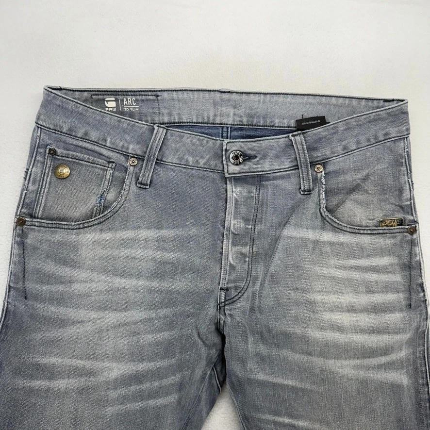 Jeans masculino G Star Raw 31x32 cinza arco 3D slim moto bigode botão desbotado voar y2k - Imagem 3 de 4