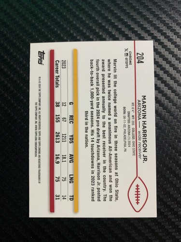 2024 Topps Chrome Marvin Harrison Jr. Rookie RC #204 - Arizona Cardinals - Base - Picture 2 of 2