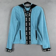 Moda International Jacket Womens Small Blue Fleece Full Zip Nordic Trim Hooded