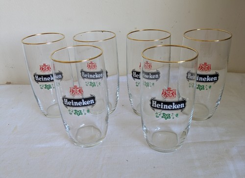 Vintage Heineken Biergläser mit Goldrand x 6 - 11floz/300ml ca. Man Cave