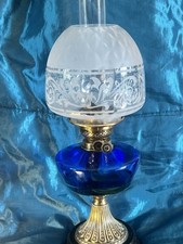 Victorian Oil Lamp Cobalt Blue Glass Etched Shade 1890-1900 Working Excellent