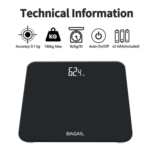 BAGAIL Bathroom Scale, Digital Weighing Scale with High Precision Sensors- Black - Picture 2 of 7