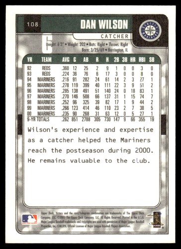 2001 Upper Deck Victory Dan Wilson Seattle Mariners #108 - Picture 2 of 2