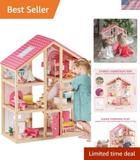 Wooden Dollhouse for Girls - 6 Rooms Wooden Doll House, DIY Pretend Doll Hous...