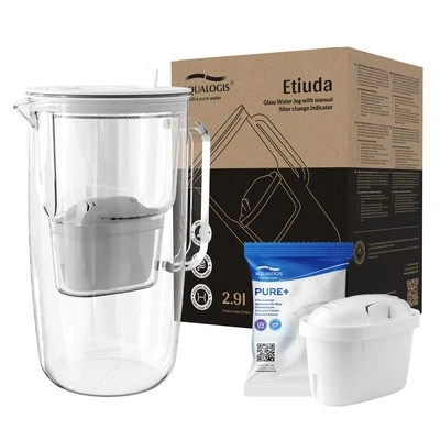 Aqualogis Glas Wasserfilterkanne weiß (2,9 l) inkl. 1 Pure+ für Maxtra Pro