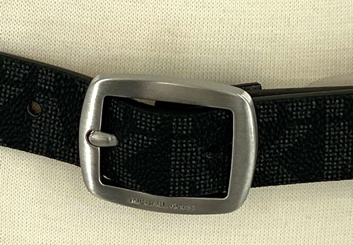 Cinturón Michael Kors Mujer Firma MK Logo Plateado Hebilla Negro Talla Grande - Imagen 2 de 7