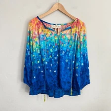La Fuori Vangogh Blooming Sky Silk Top Women Size Small Rainbow Boho Tassels New
