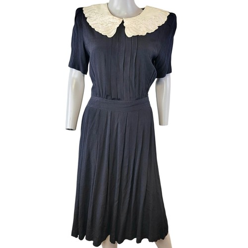 Vintage 80er Midikleid Damen 8 schwarz creme Spitzenkragen formell Knopf Herbst Arbeit - Bild 1 von 14