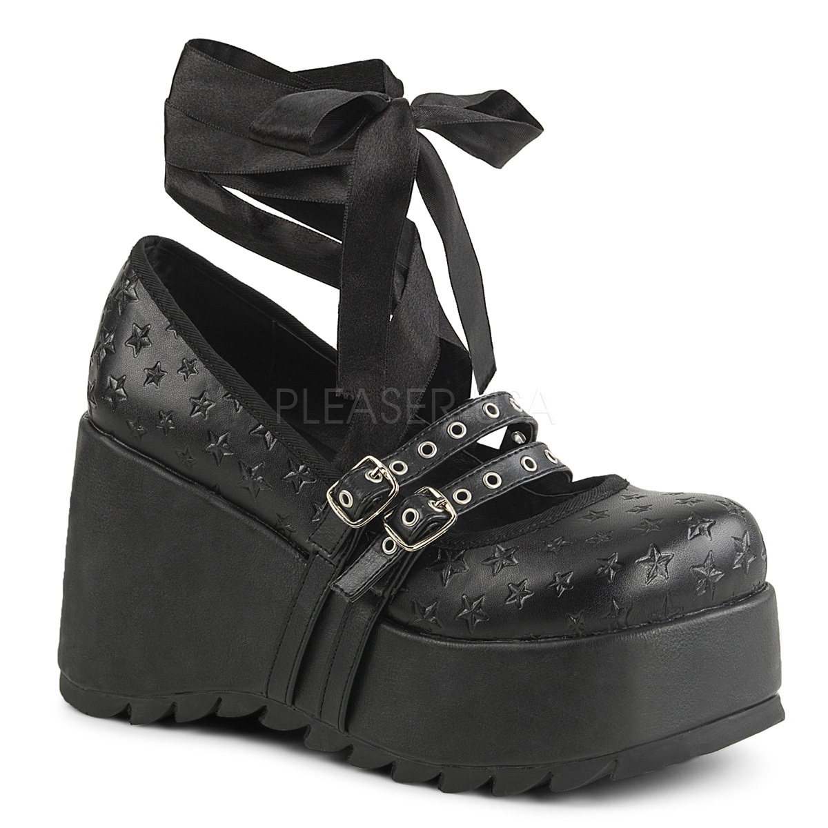 Gótico Punk de escena - 20 Casual Cuña Mary Jane Zapatos De Plataforma Con Cordones estrellas en relieve Gótico Punk de escena - 20 Casual Cuña Mary Jane Zapatos De Plataforma Con Cordones estrellas en relieve