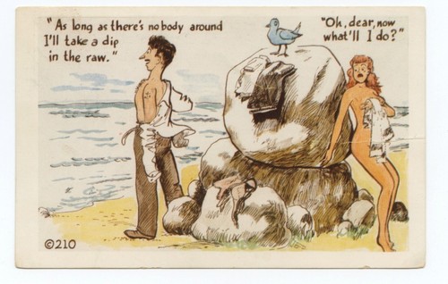 Skinny Dipping Swimming Beach Comic Art Humor Postcard - Picture 1 of 2