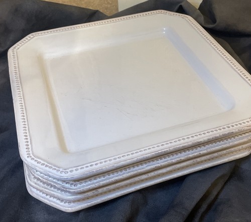 Sur La Table Cream Beaded Rim Square Dinner Plate 10” Used Service For 5. - Picture 5 of 11