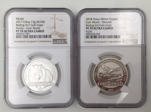 NGC PF70 2017/ 2018 COTY Panda Beijing Coin expo Coin World Silver plated medal - Picture 1 of 5