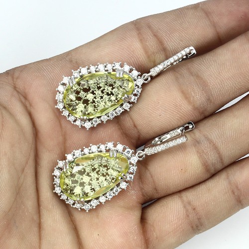 Natural 20x12mm Top Yellow Lemon Quartz ,W.Cz 925 Sterling Silver DROP Earrings - Picture 2 of 3
