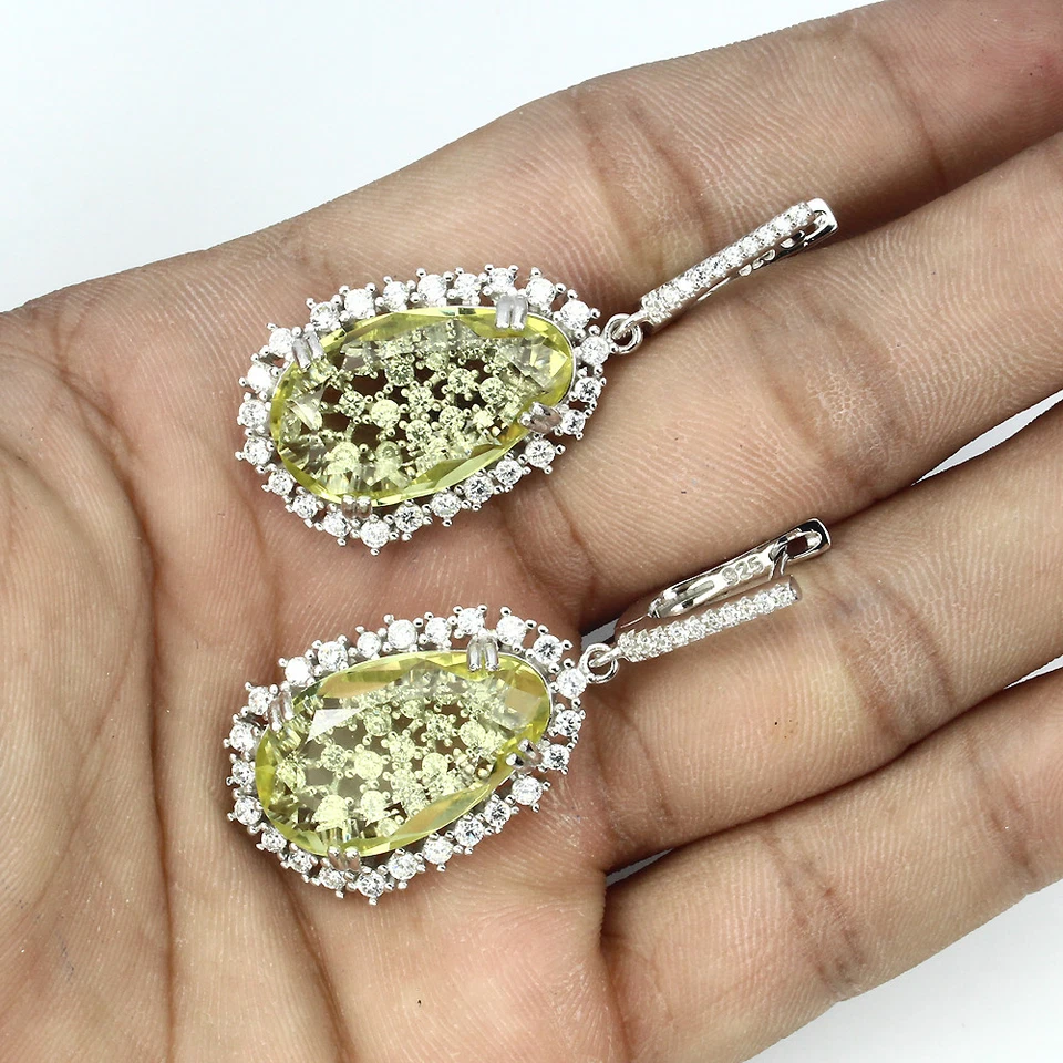 Natural 20x12mm Top Yellow Lemon Quartz ,W.Cz 925 Sterling Silver DROP Earrings - Image 2 of 3