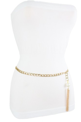 Women Fashion Belt Hip High Waist Gold Metal Chain Long Fringe Pearl Bead M L XL - Picture 10 of 12