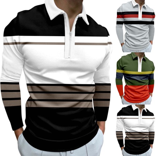 Polo Shirts Men Casual Long Sleeve Print Zip Collar Slim Fit Golf Lapel Top - Picture 8 of 38