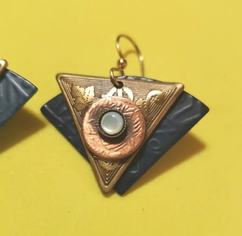 Vintage unsigniert geometrisch Kupfer und Messing blau mit Glas oder Opal Stein - Bild 2 von 6