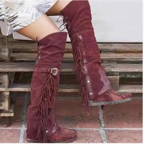 Damen Quaste Kniehohe Stiefel Runde Spitze Schnalle Riemen Winterschuhe Boho - Bild 18 von 29