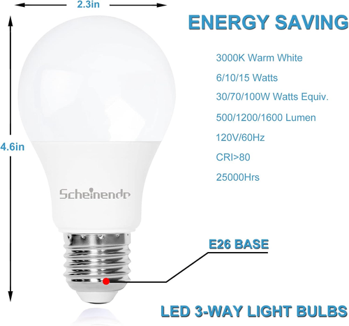 3-Way LED Light Bulbs 15 Watt Equivalent A19 Warm White 3000K, 2 Pack - Picture 2 of 12
