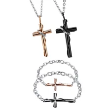 His Hers Stainless Steel Couples Matching Cross Charm Bracelet Pendant Necklace