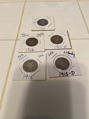 1915 d barber quarter 1915-1913d-1912-1911 (5) Coins As Seen