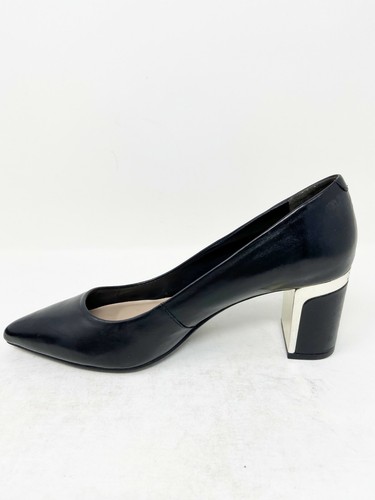 DKNY Classic Black Leather Block Heels Gold Trim Size 6 M - 第 2/5 張圖片
